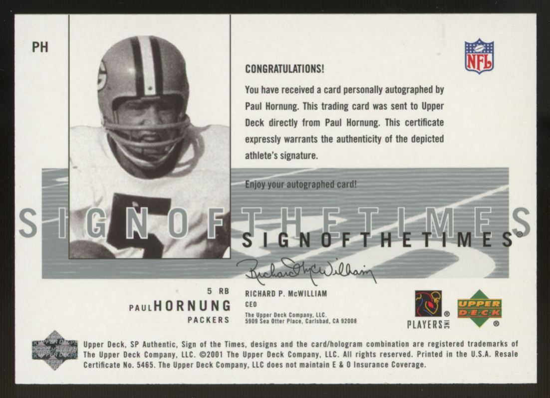 2001 Upper Deck SP Authentic Paul Hornung Sign Of The Times Auto #PH