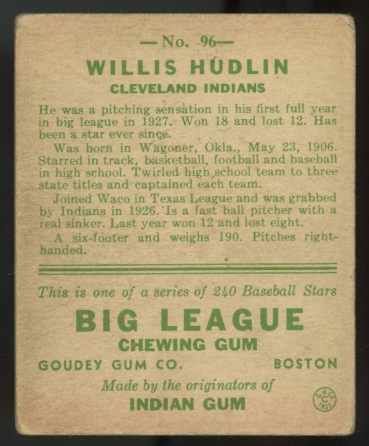 1933 Goudey Willis Hudlin #96 G/VG "A"