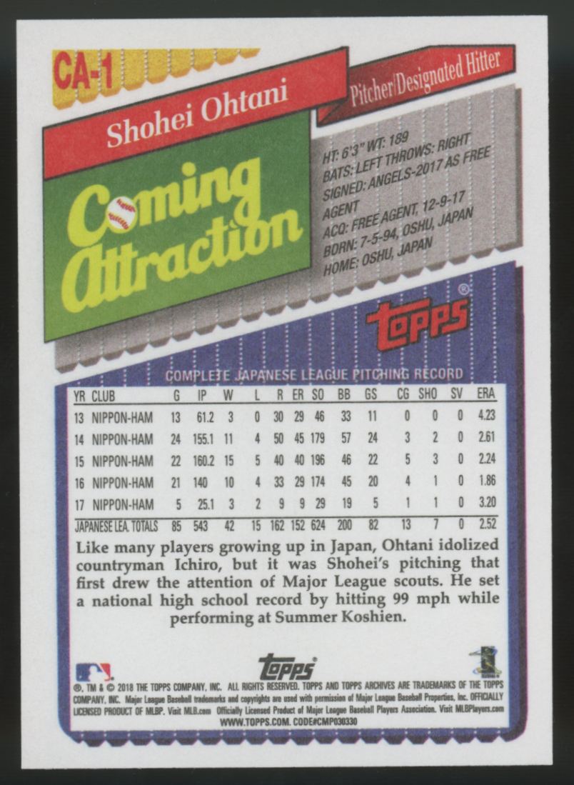 2018 Topps Archives Shohei Ohtani RC 1993 Coming Attraction #CA-1