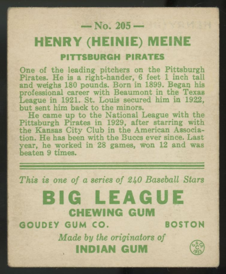1933 Goudey Henry Heinie Meine #205 VG/EX