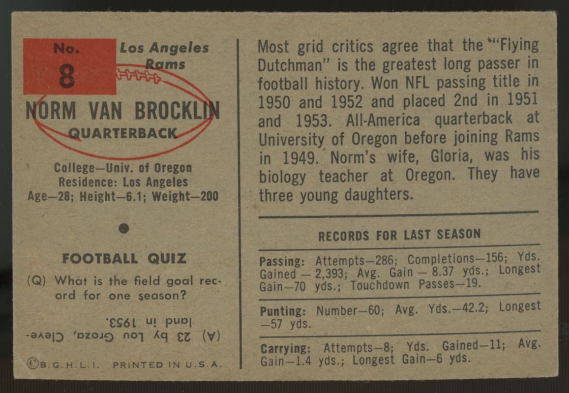 1954 Bowman Norm Van Brocklin #8 VG-EX