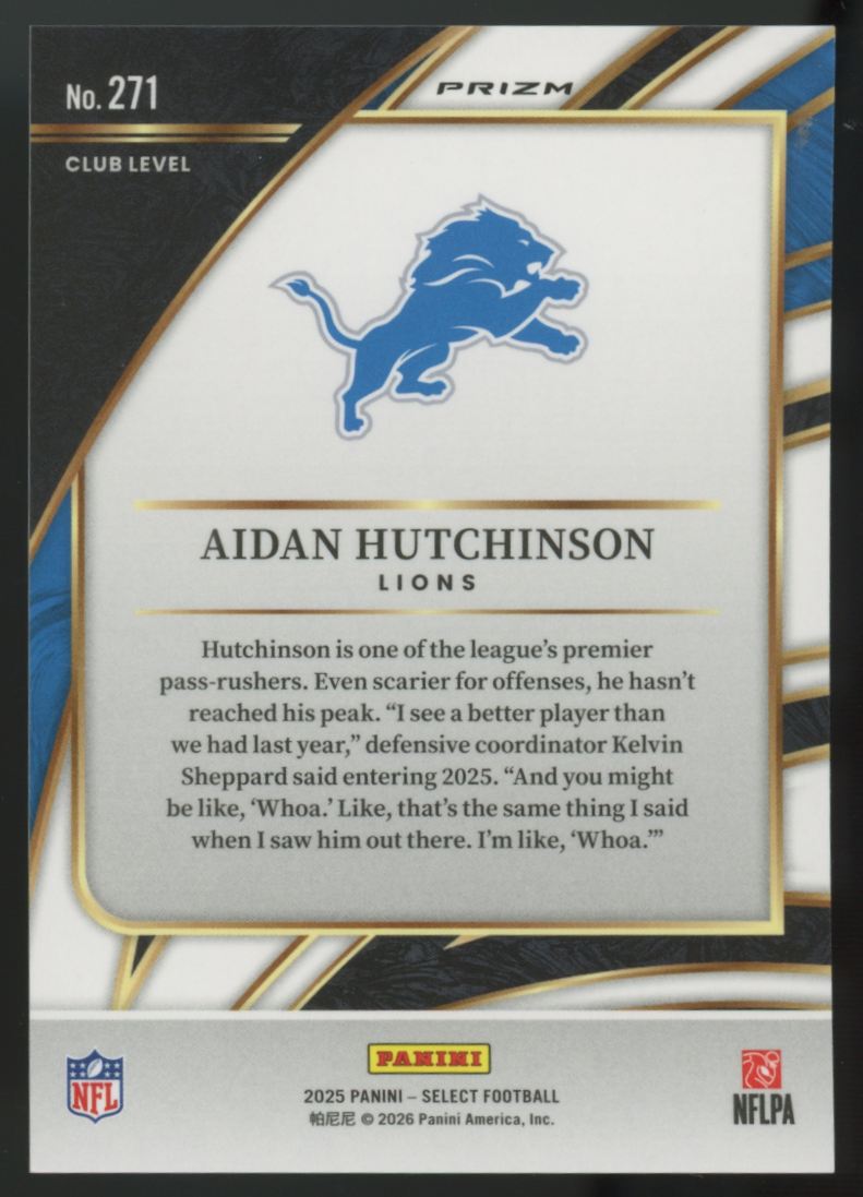 2025 Select Aidan Hutchinson Club Level Zebra Shock Prizm SSP #271
