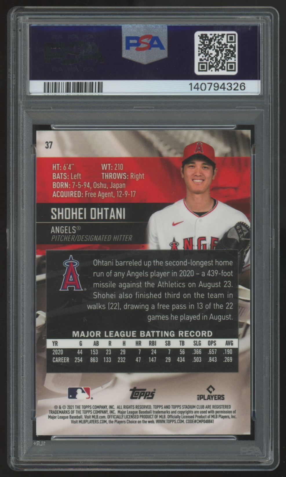 2021 Stadium Club Chrome Shohei Ohtani Variation #37 PSA 10 *326