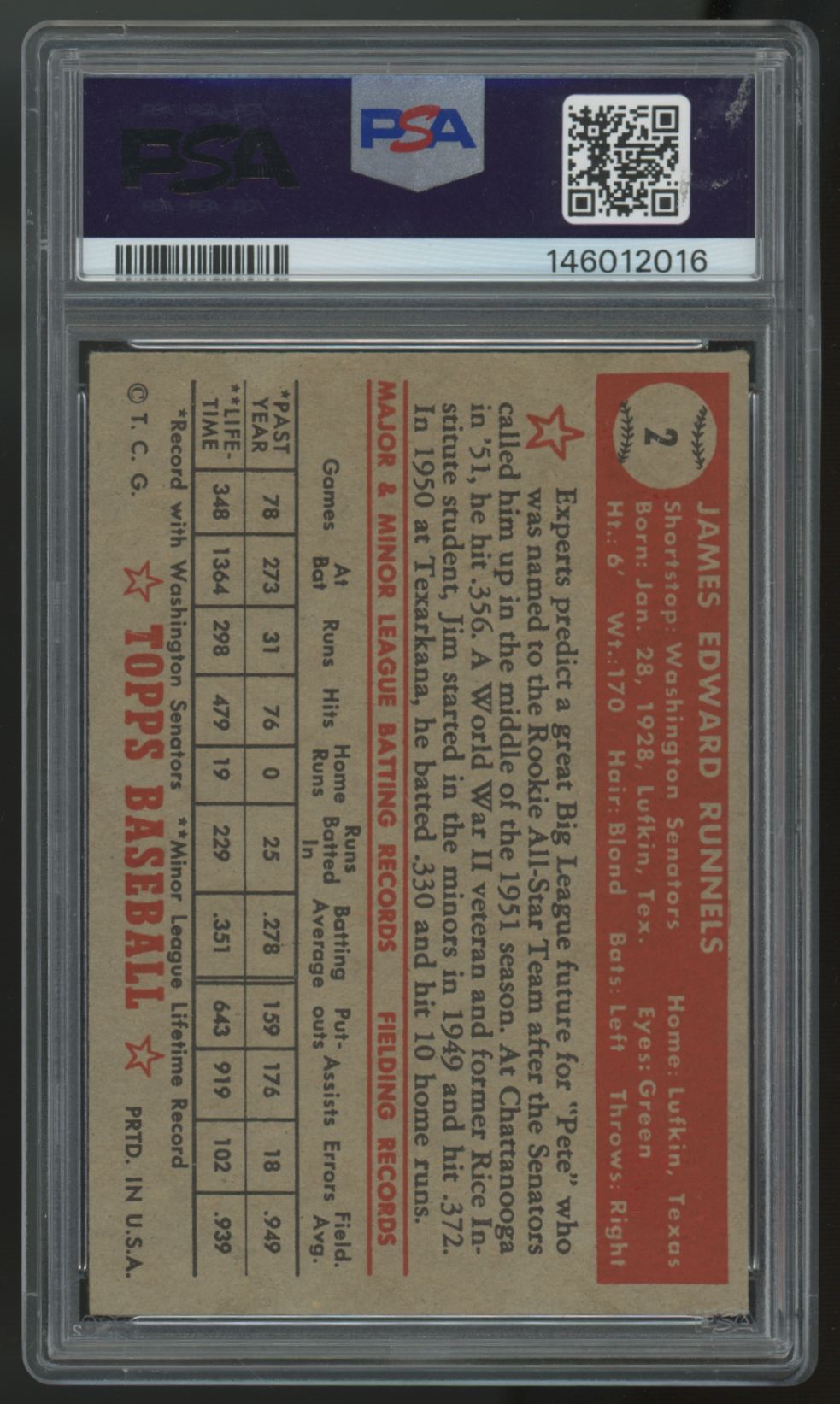 1952 Topps James E. Runnels #2 PSA 4