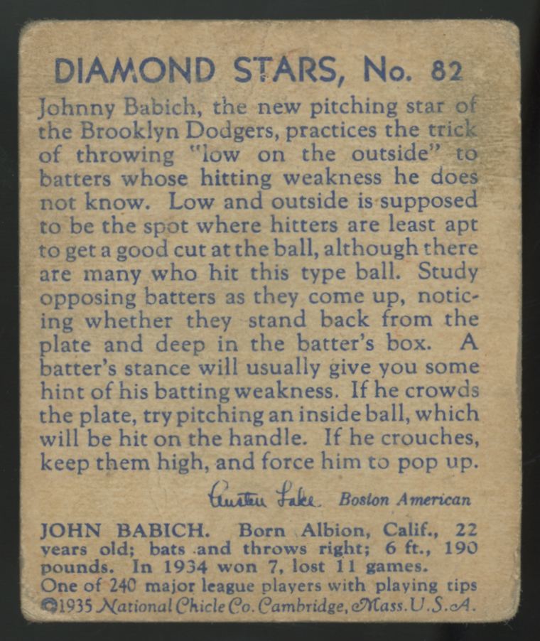 1935 National Chicle John Babich Diamond Stars #82 Poor