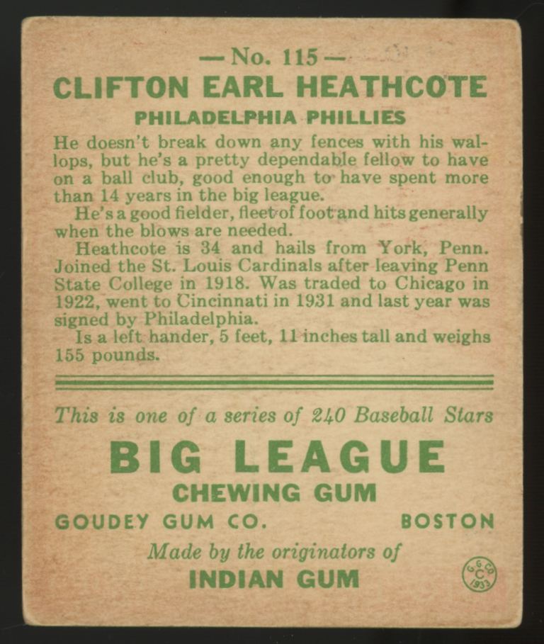 1933 Goudey Clifton Earl Heathcote #115 VG