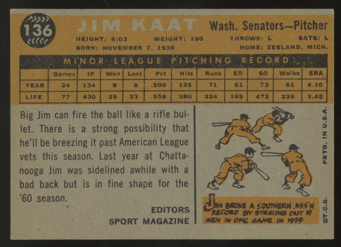 1960 Topps Jim Kaat RC Sport Magazine #136 VG (Crease)