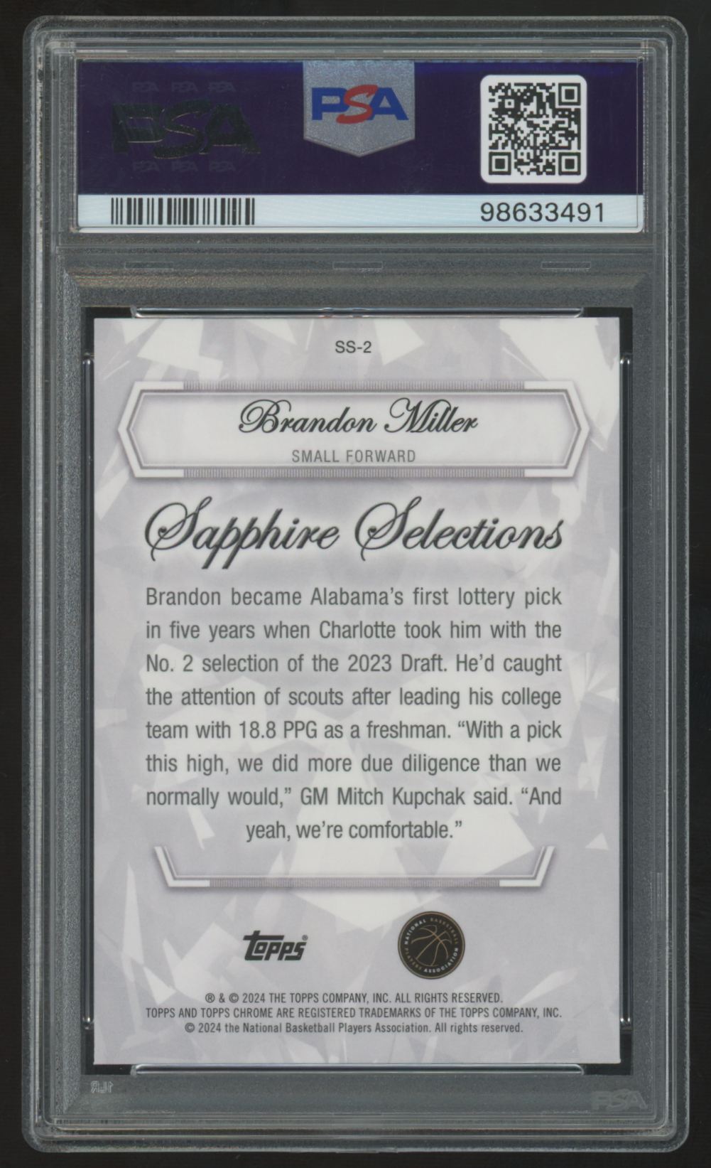 2023-24 Topps Sapphire Brandon Miller RC Selections #SS-2 PSA 10