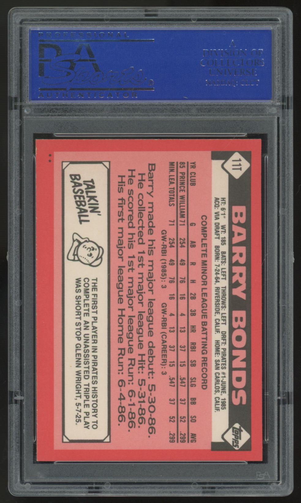 1986 Topps Traded Barry Bonds RC #11T PSA 9 *902