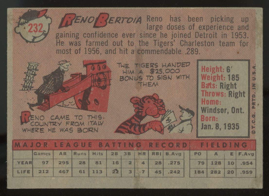 1958 Topps Reno Bertoia #232 Signed Autographed