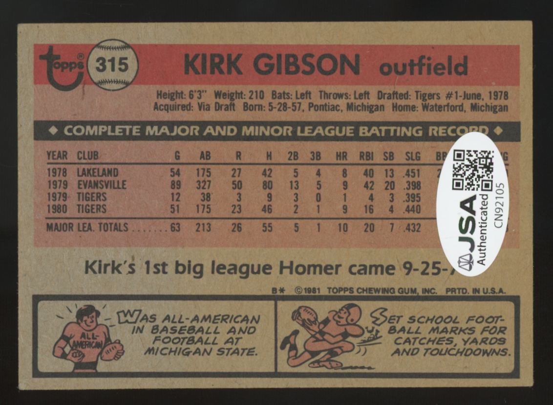 1981 Topps Kirk Gibson Signed Autograph #315 JSA Authentic