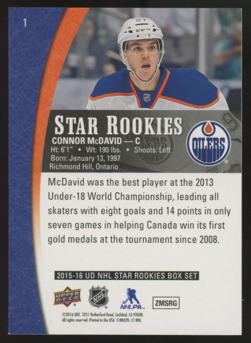 2015-16 UD NHL Star Rookies Box Set Connor McDavid RC Star Rookies #1