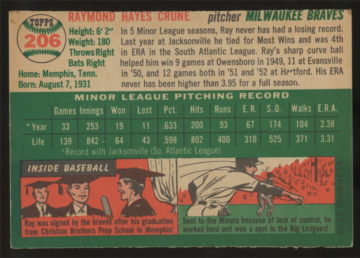 1954 Topps Ray Crone #206 EX+