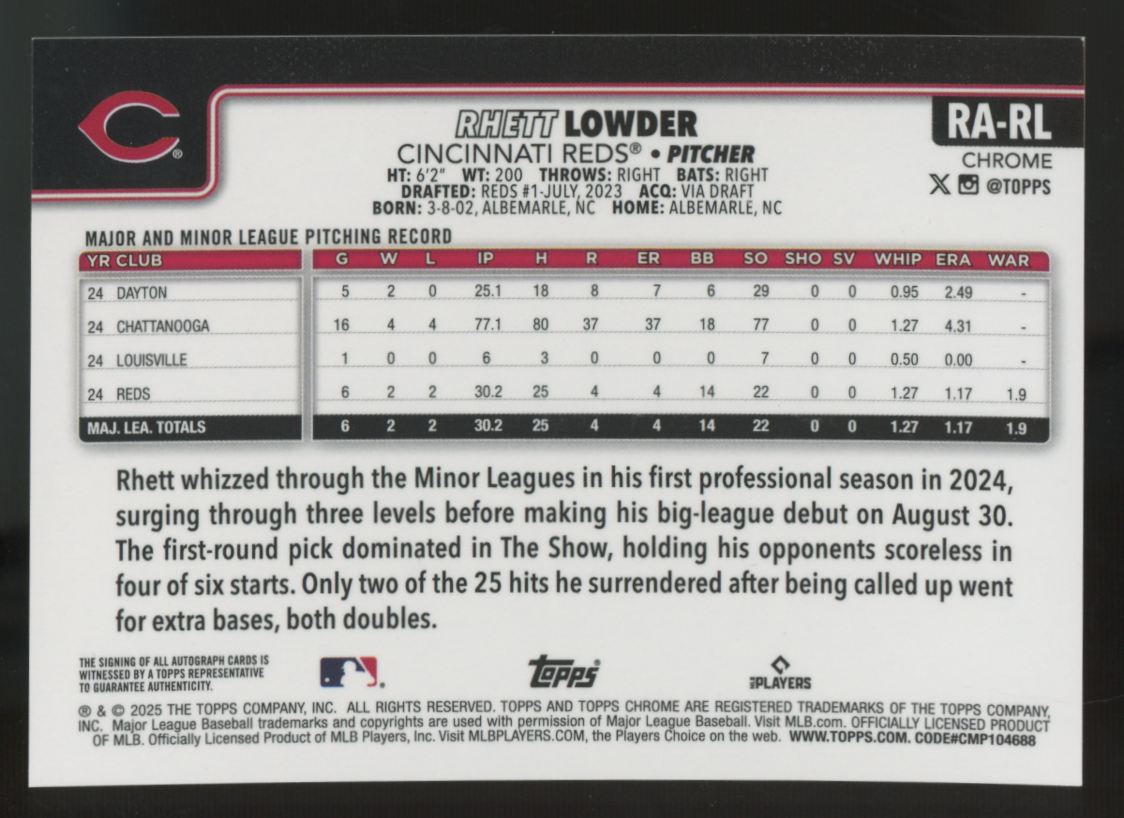 2025 Topps Chrome Rhett Lowder RC Auto #RA-RL