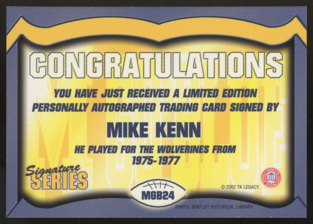 2002 TK Legacy Signature Series Mike Kenn Auto #MGB24