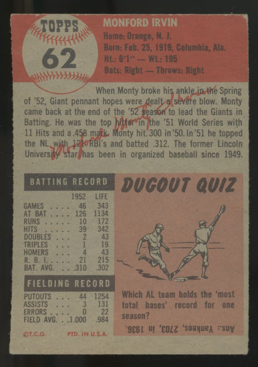 1953 Topps Monte Irvin #62 VG-EX