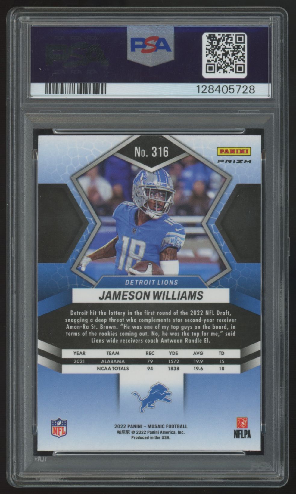 2022 Panini Mosaic Jameson Williams RC Silver #316 PSA 10