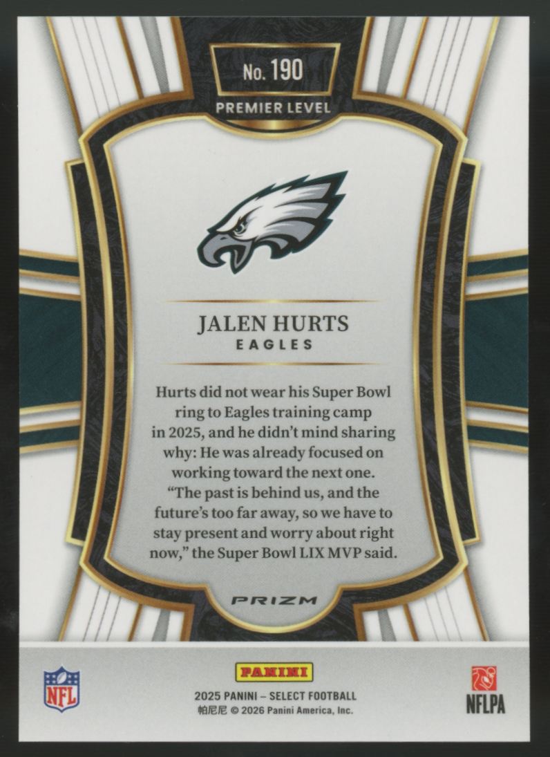 2025 Panini Select Jalen Hurts Premier Level Zebra Shock Prizm SSP #190