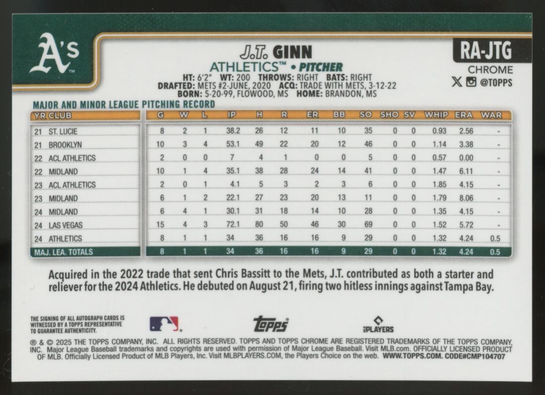 2025 Topps Chrome J.T. Ginn RC Auto #RA-JTG