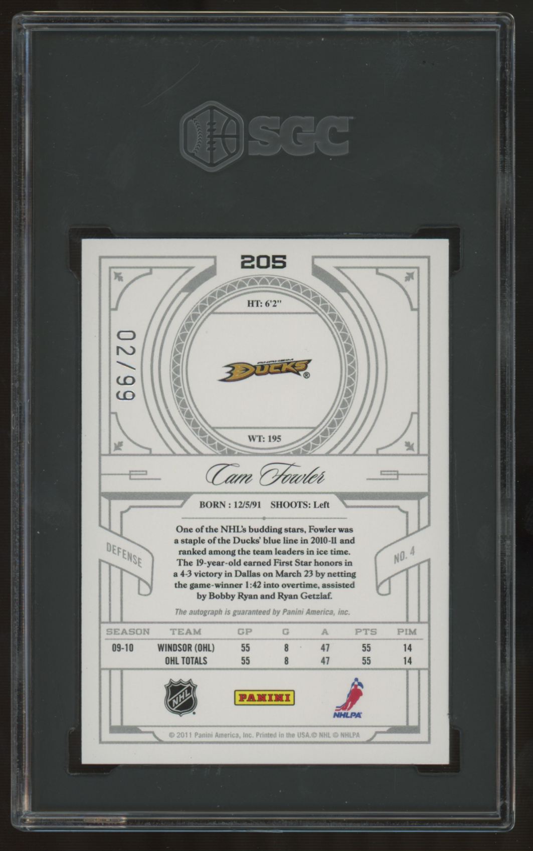 2010-11 Panini Zenith Cam Fowler RC National Treasures Auto /99 #205 SGC 9.5