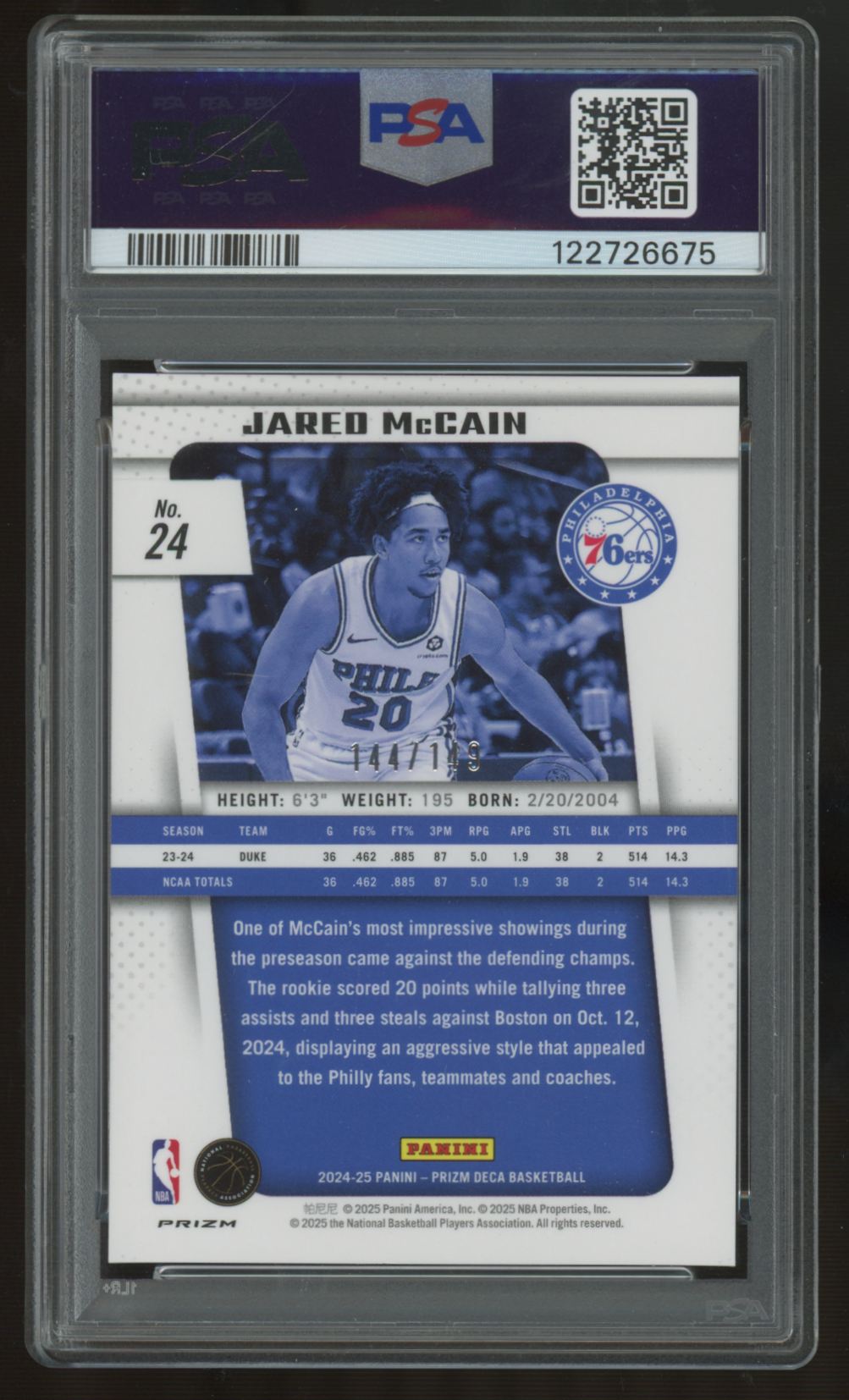2024-25 Prizm Deca Jared McCain RC Blue /149 #24 PSA 10