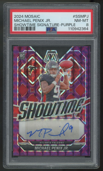2024 Panini Mosaic Michael Penix Jr. RC Purple Showtime Auto /49 #SS-MPJ PSA 8