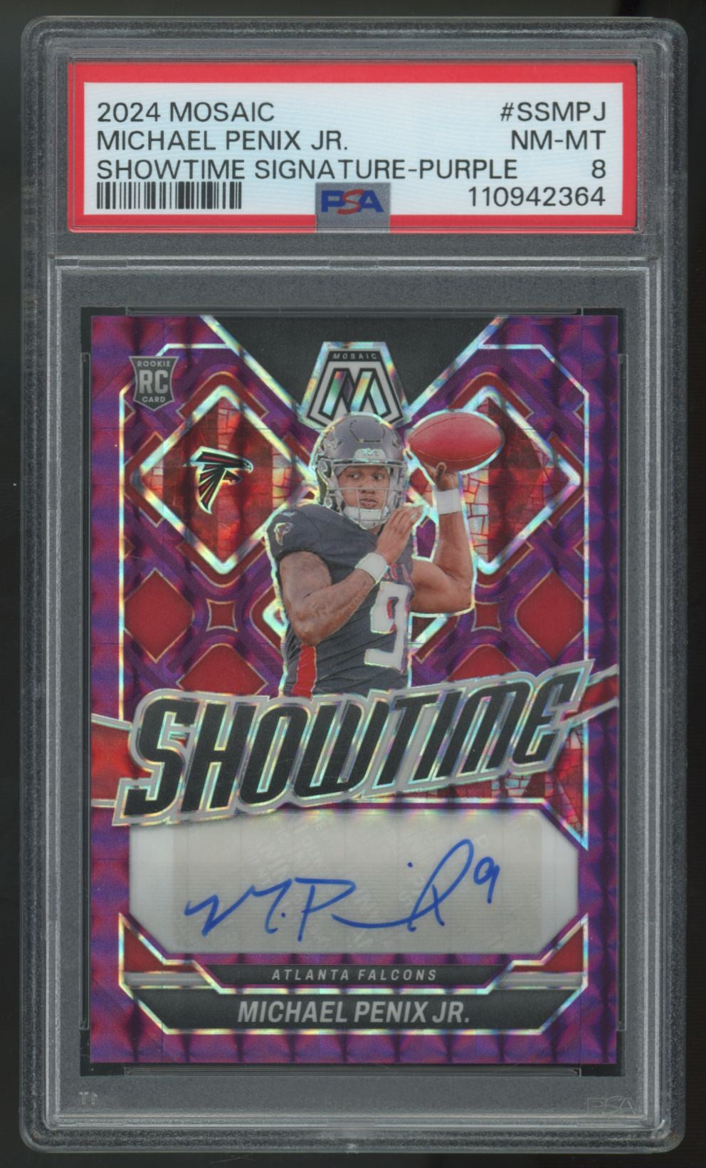 2024 Panini Mosaic Michael Penix Jr. RC Purple Showtime Auto /49 #SS-MPJ PSA 8