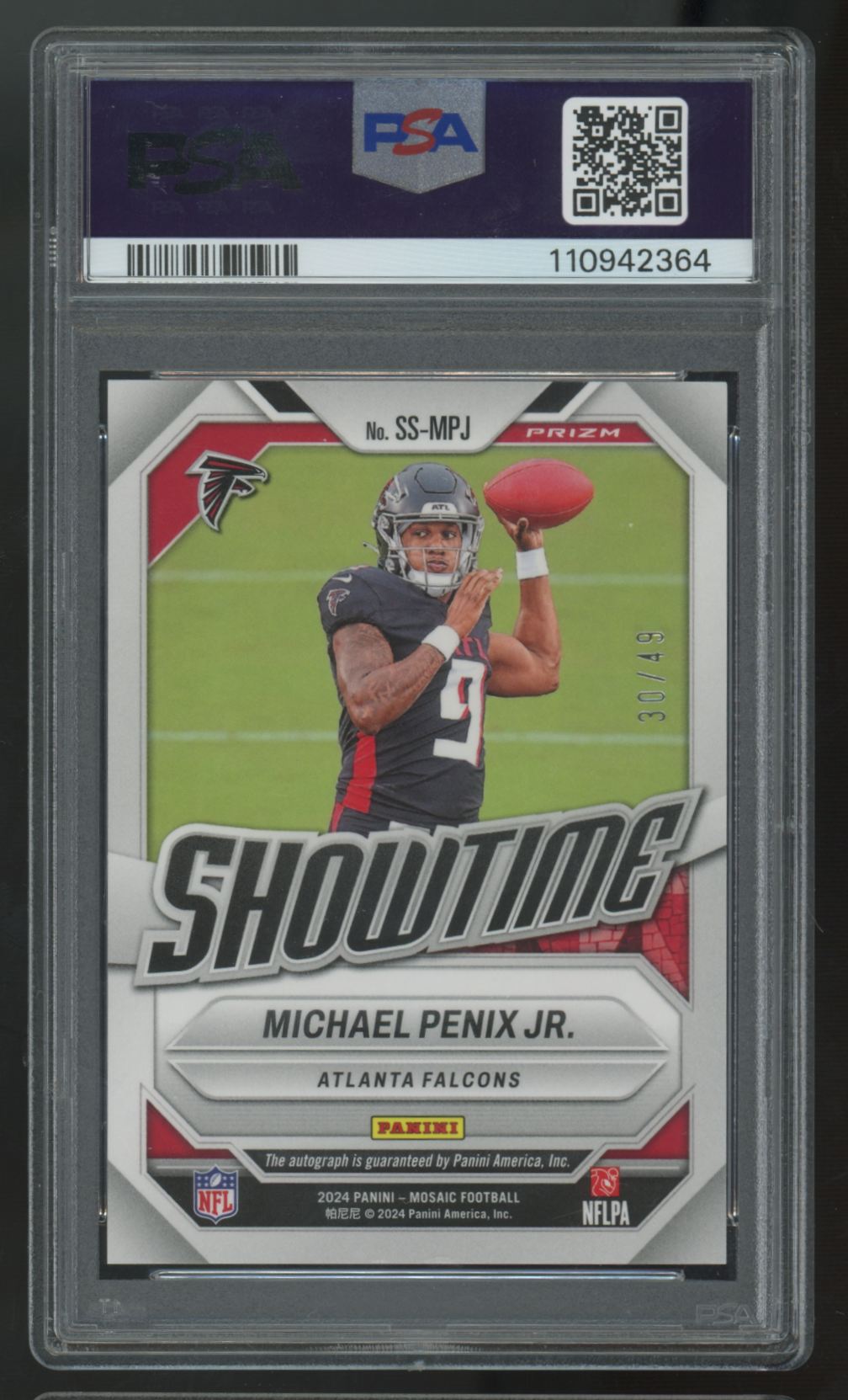 2024 Panini Mosaic Michael Penix Jr. RC Purple Showtime Auto /49 #SS-MPJ PSA 8