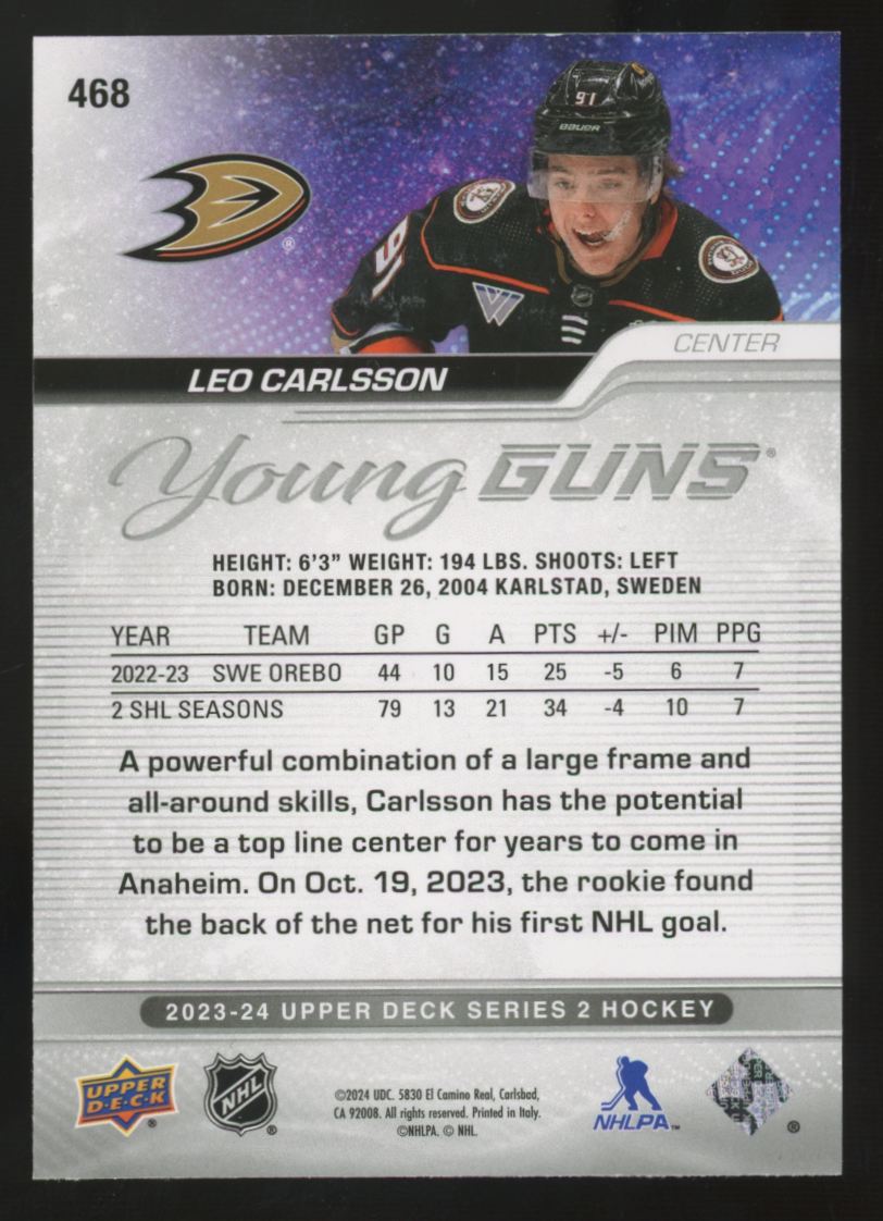 2023-24 Upper Deck Series Two Leo Carlsson RC Young Guns #468