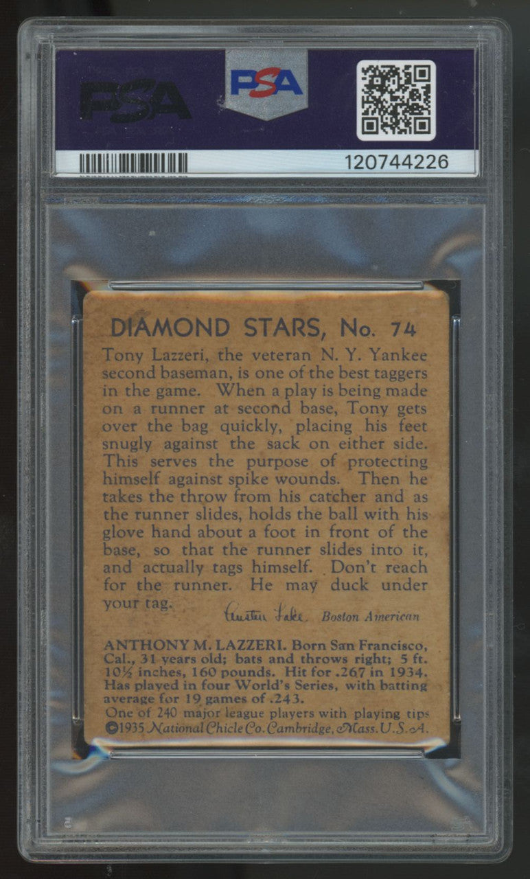 1935 National Chicle Diamond Stars Tony Lazzeri Blue Back #74 PSA 2.5