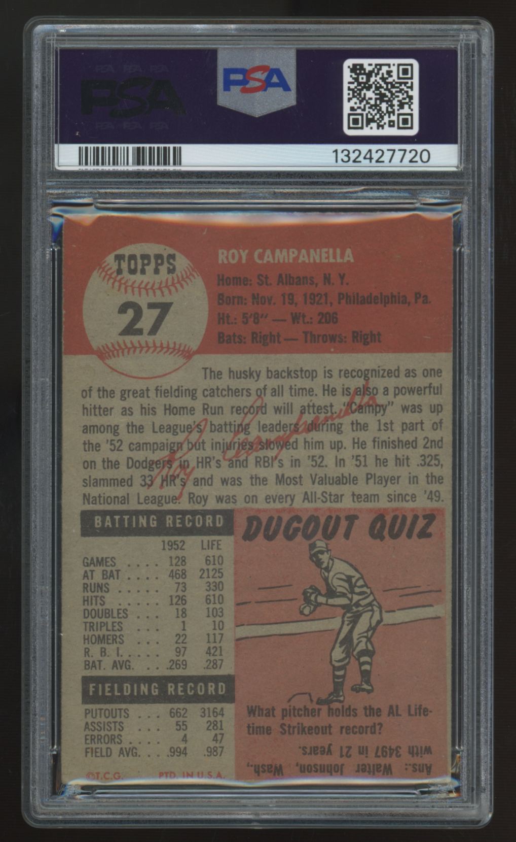 1953 Topps Roy Campanella #27 PSA 3 Centered/Super Clean