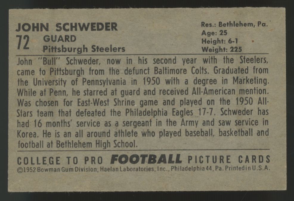 1952 Bowman Small John Schweder #72 VG (Wrinkles)