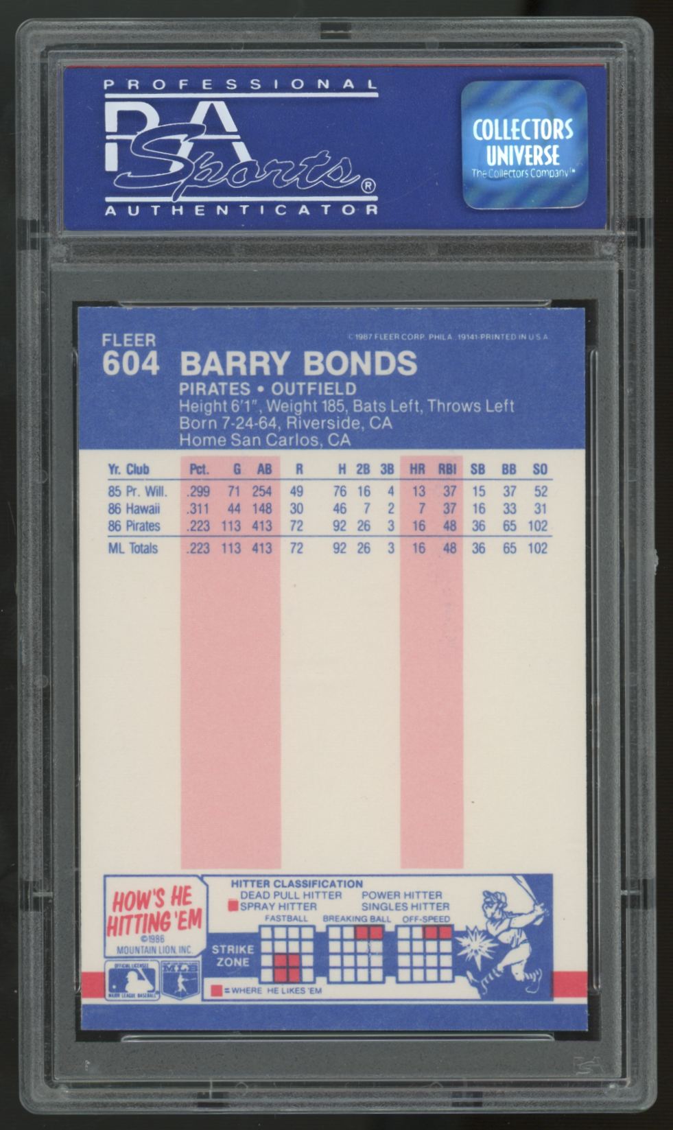 1987 Fleer Glossy Barry Bonds RC #604 PSA 9 *248