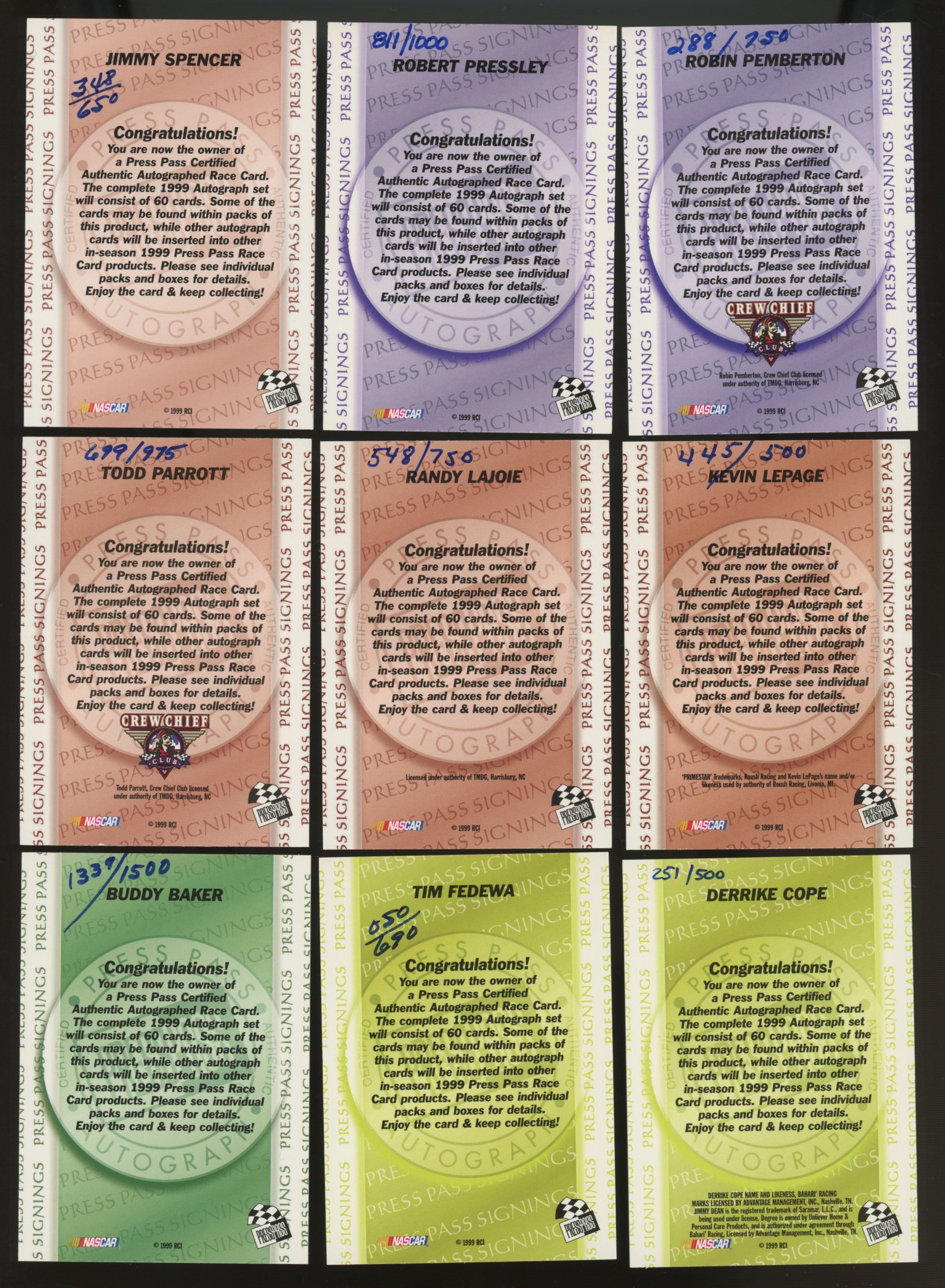 1999 Press Pass NASCAR Signings Complete Auto Set (60) Dale Sr Jr