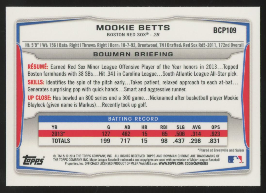 2014 Bowman Chrome Mookie Betts RC 1st #BCP109 "A"