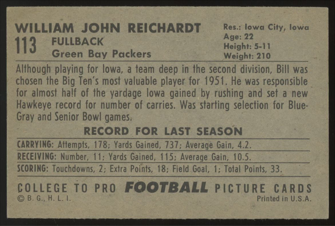 1952 Bowman Large WM. John Reichardt RC #113 EX