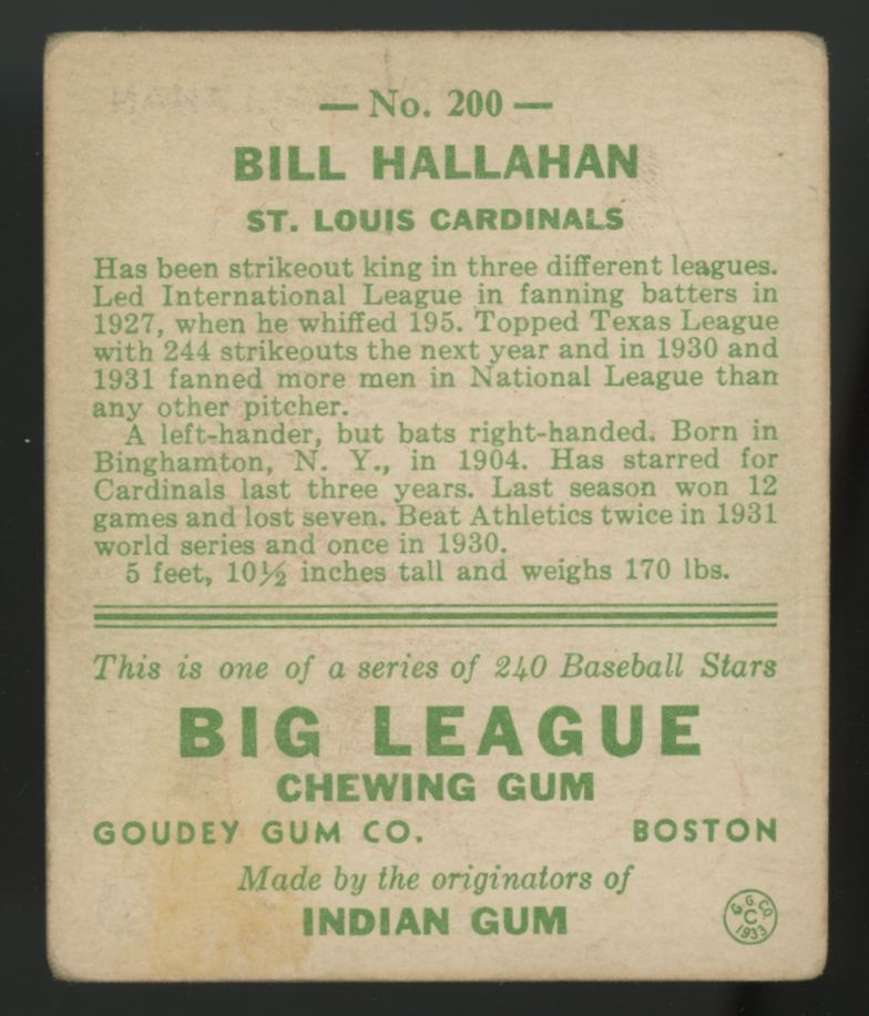 1933 Goudey Bill Hallahan #200 VG