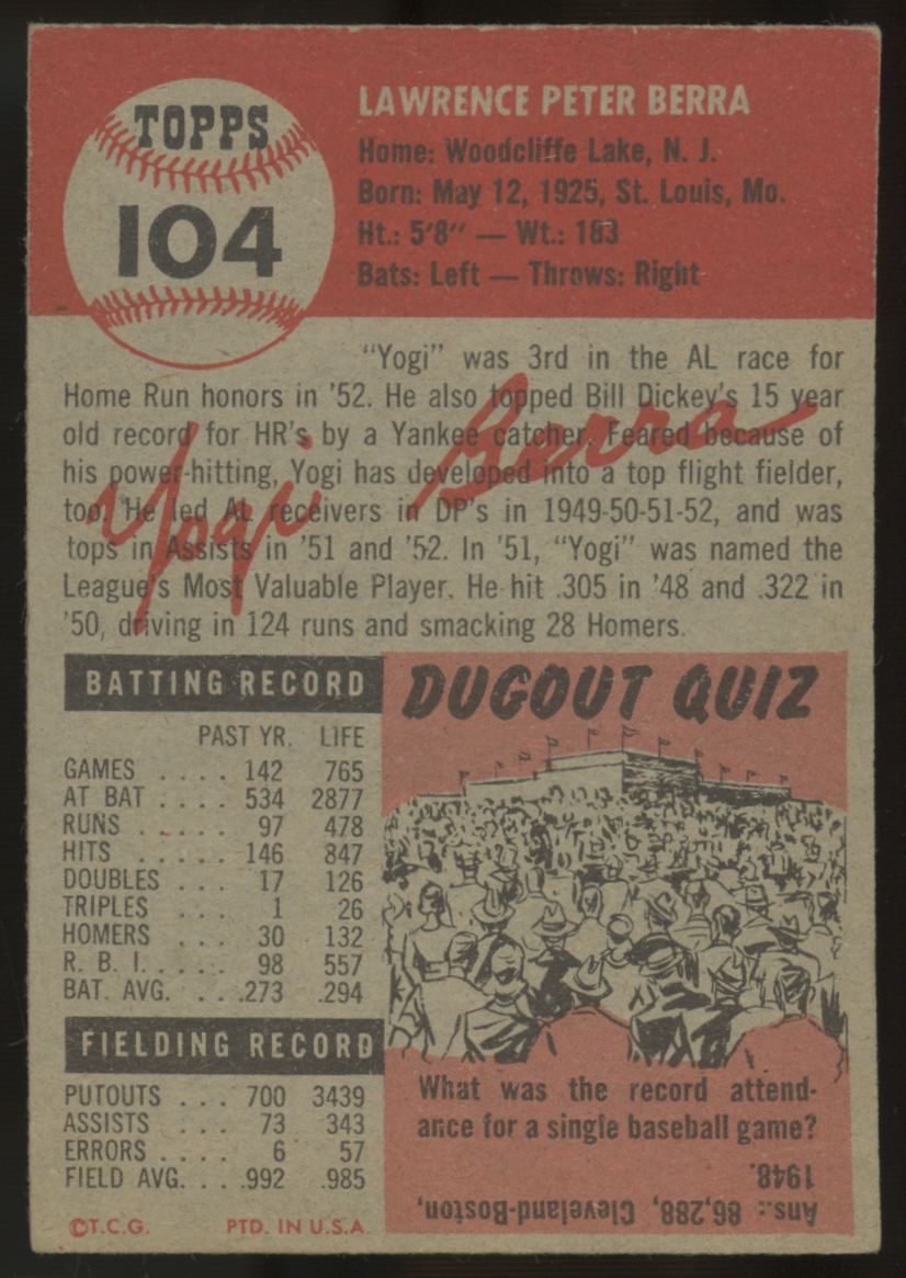 1953 Topps Yogi Berra #104 G/VG