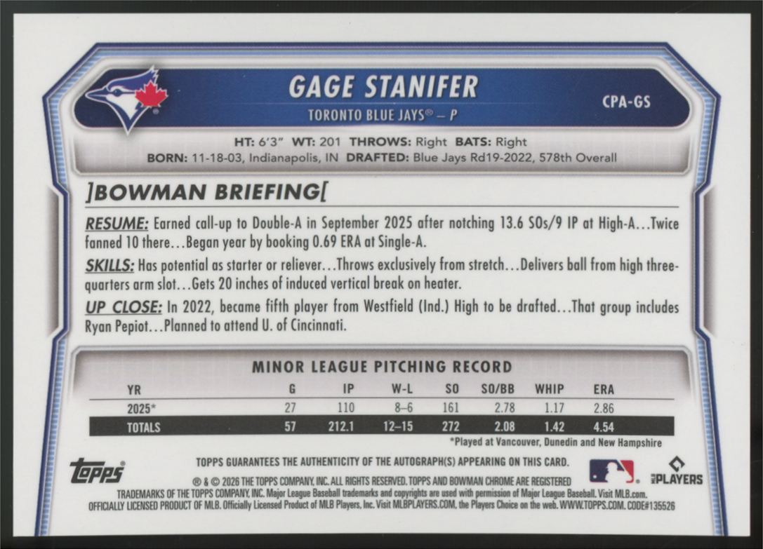 2026 Bowman Chrome Gage Stanifer Prospect 1st Purple Auto /250 #CPA-GS