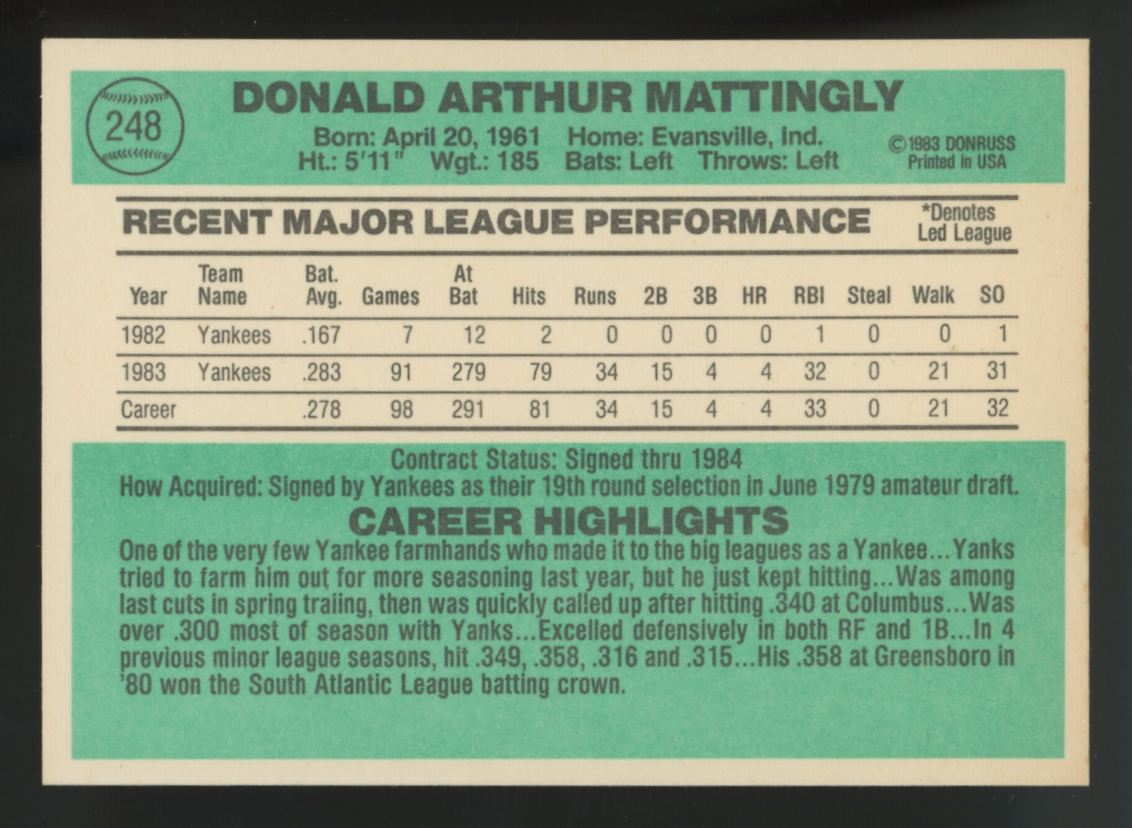 1984 Donruss Don Mattingly RC #248 NM-MT "E"