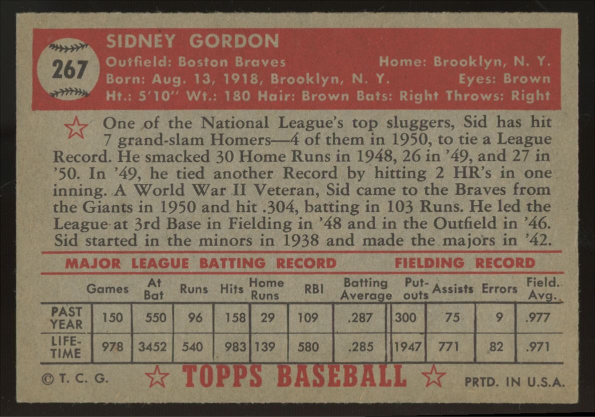 1952 Topps Sid Gordon #267 VG (Crease)