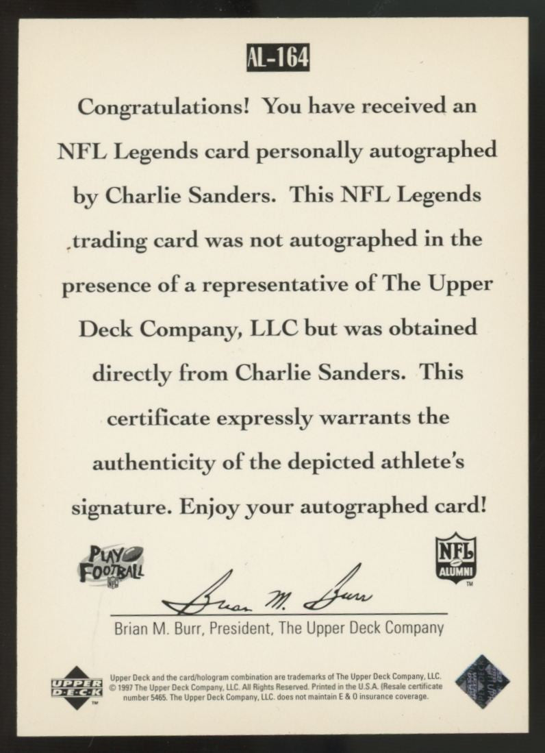 1997 Upper Deck Charlie Sanders NFL Legends Auto #AL-164