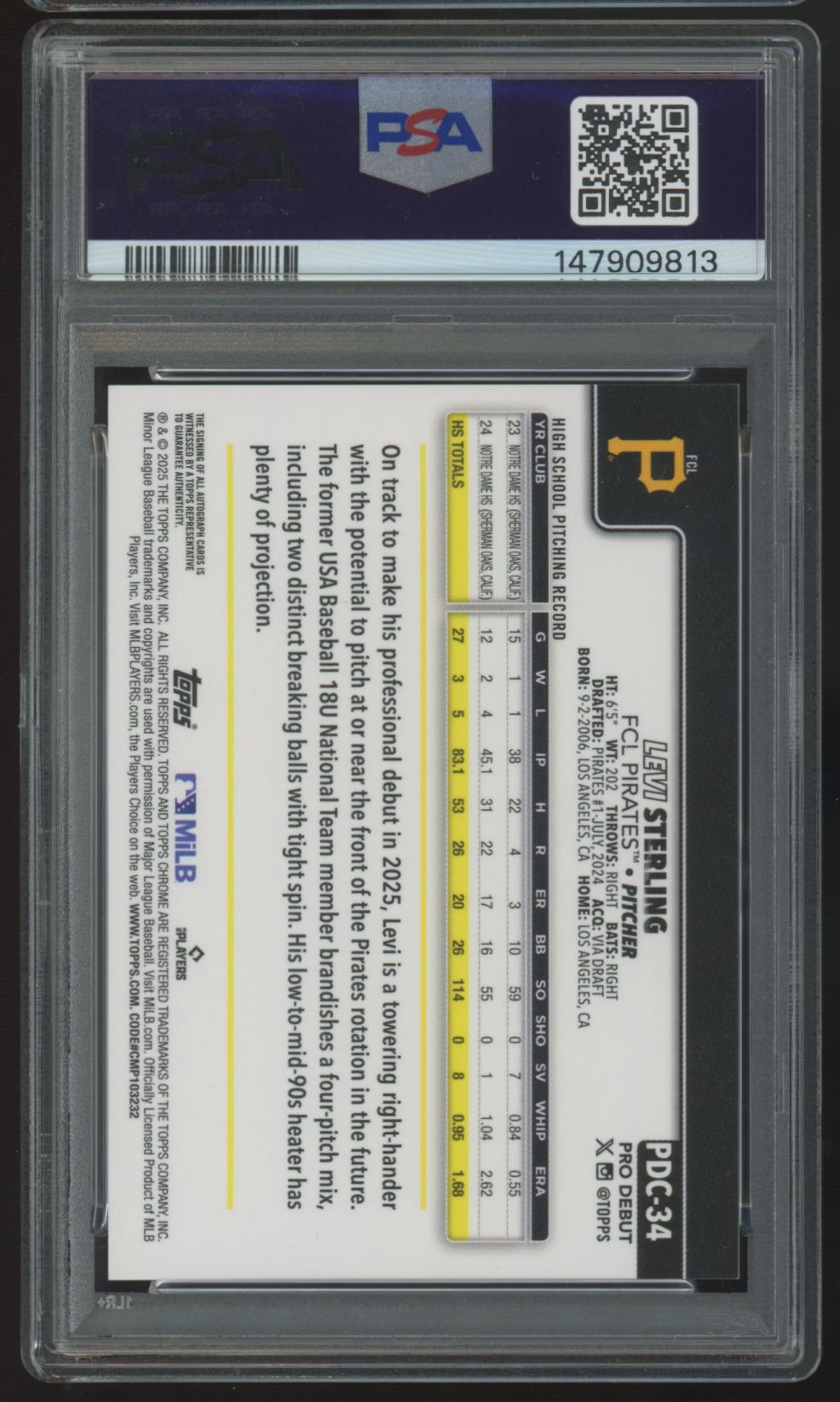2025 Topps Pro Debut Levi Sterling Chrome Black Auto /10 #PDC-34 PSA 9