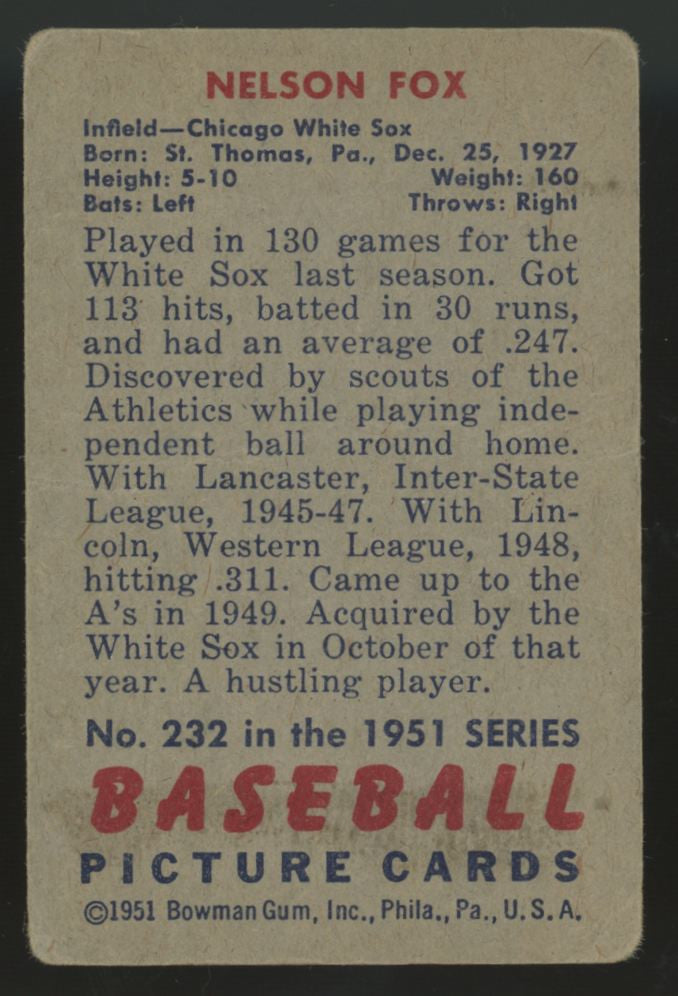 1951 Bowman Nelson Nellie Fox RC #232 Poor/Fair