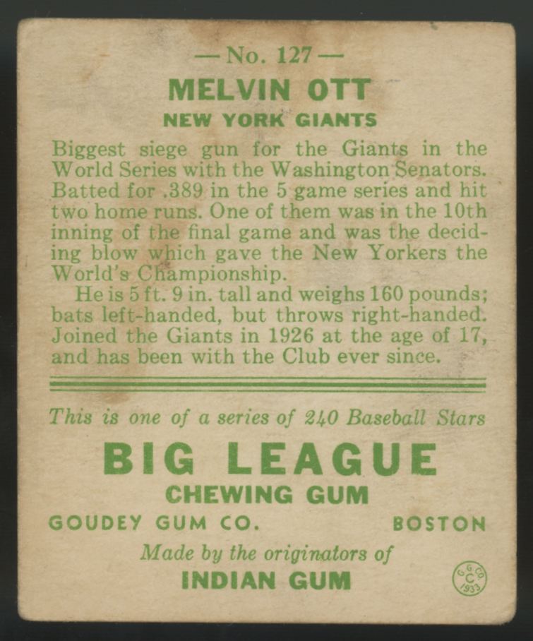 1933 Goudey Melvin Ott #127 VG