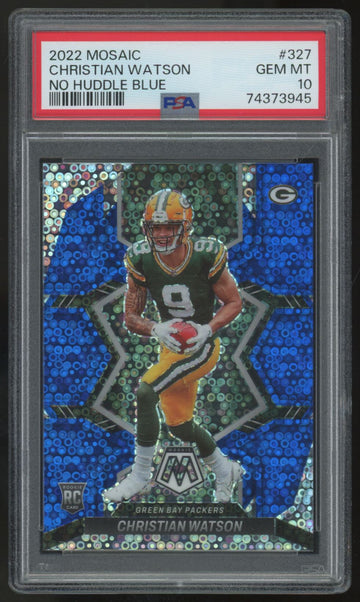 2022 Panini Mosaic Christian Watson RC No Huddle Blue /75 #327 PSA 10