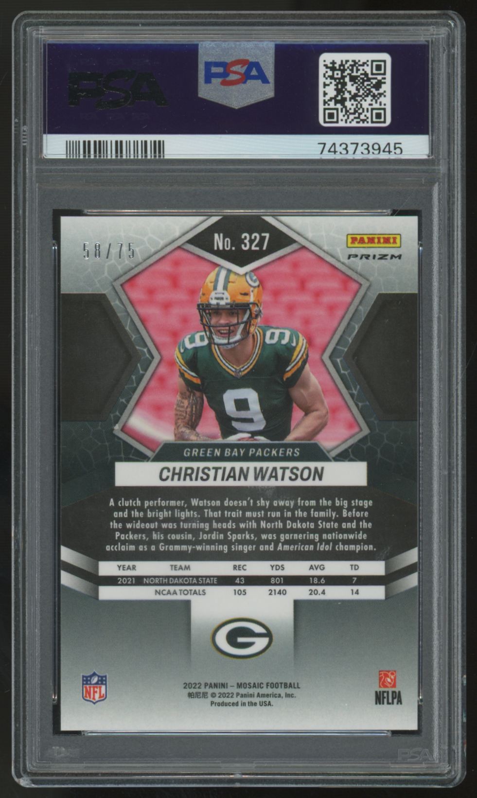 2022 Panini Mosaic Christian Watson RC No Huddle Blue /75 #327 PSA 10