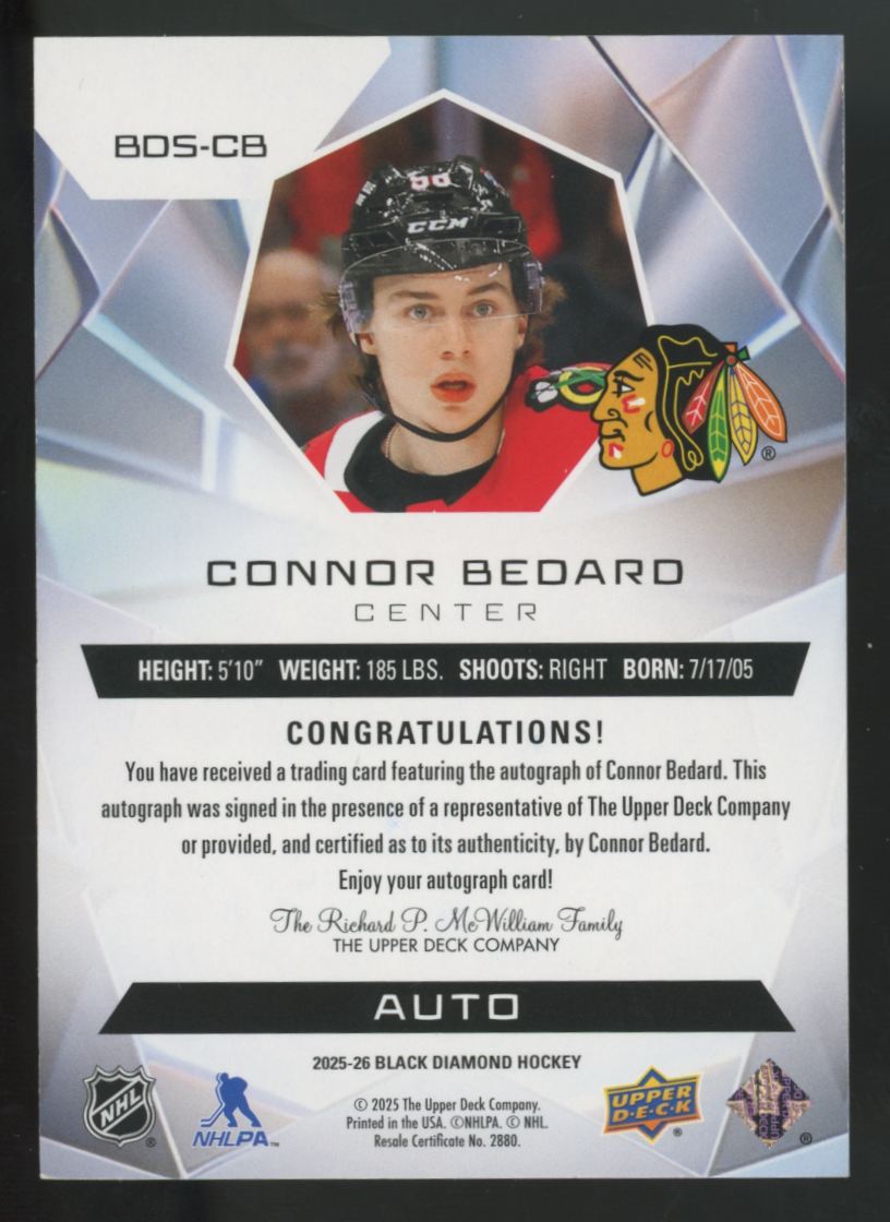2025-26 UD Black Diamond Connor Bedard Diamond Stars Auto /15 #BDS-CB