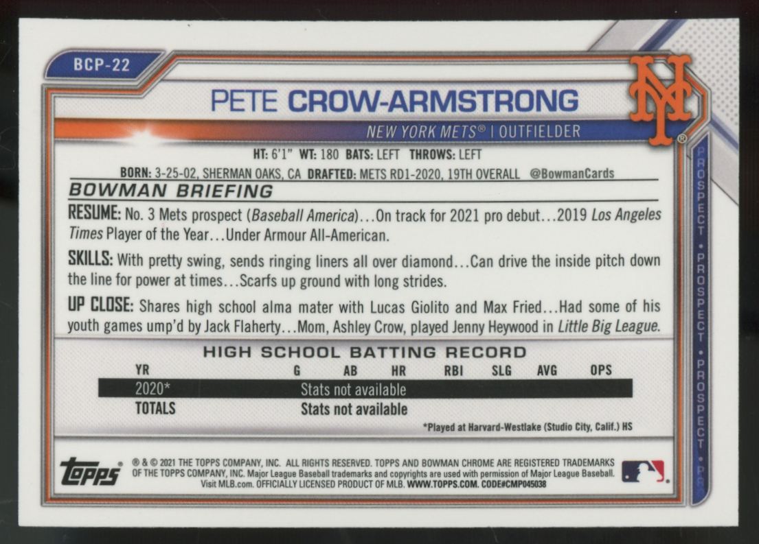 2021 Bowman Chrome Sapphire Pete Crow-Armstrong Prospect #BCP-22