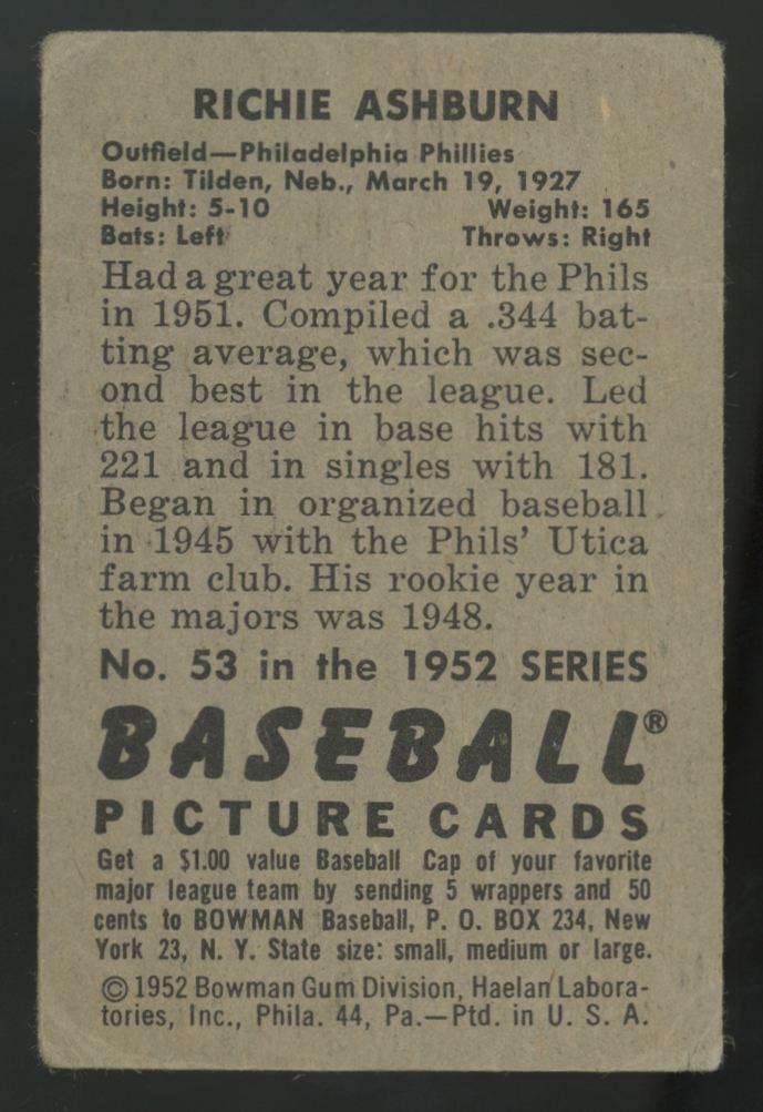 1952 Bowman Richie Ashburn Picture Card #53 Good "A"